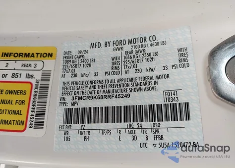 2024 Ford Bronco Sport Free Wheeling z USA, uszkodzony, nr VIN 3FMCR9K68RRF45249